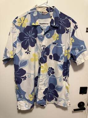 Vintage Structure 90s Men's Large Blue Hibiscus Floral Hawaiian Aloha Button Up